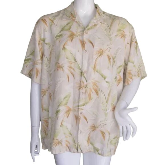 TOMMY BAHAMA Silk Shirt, L Palm/Leaf Print, Natural Buttons, Short sleeve, Camp - Picture 1 of 11